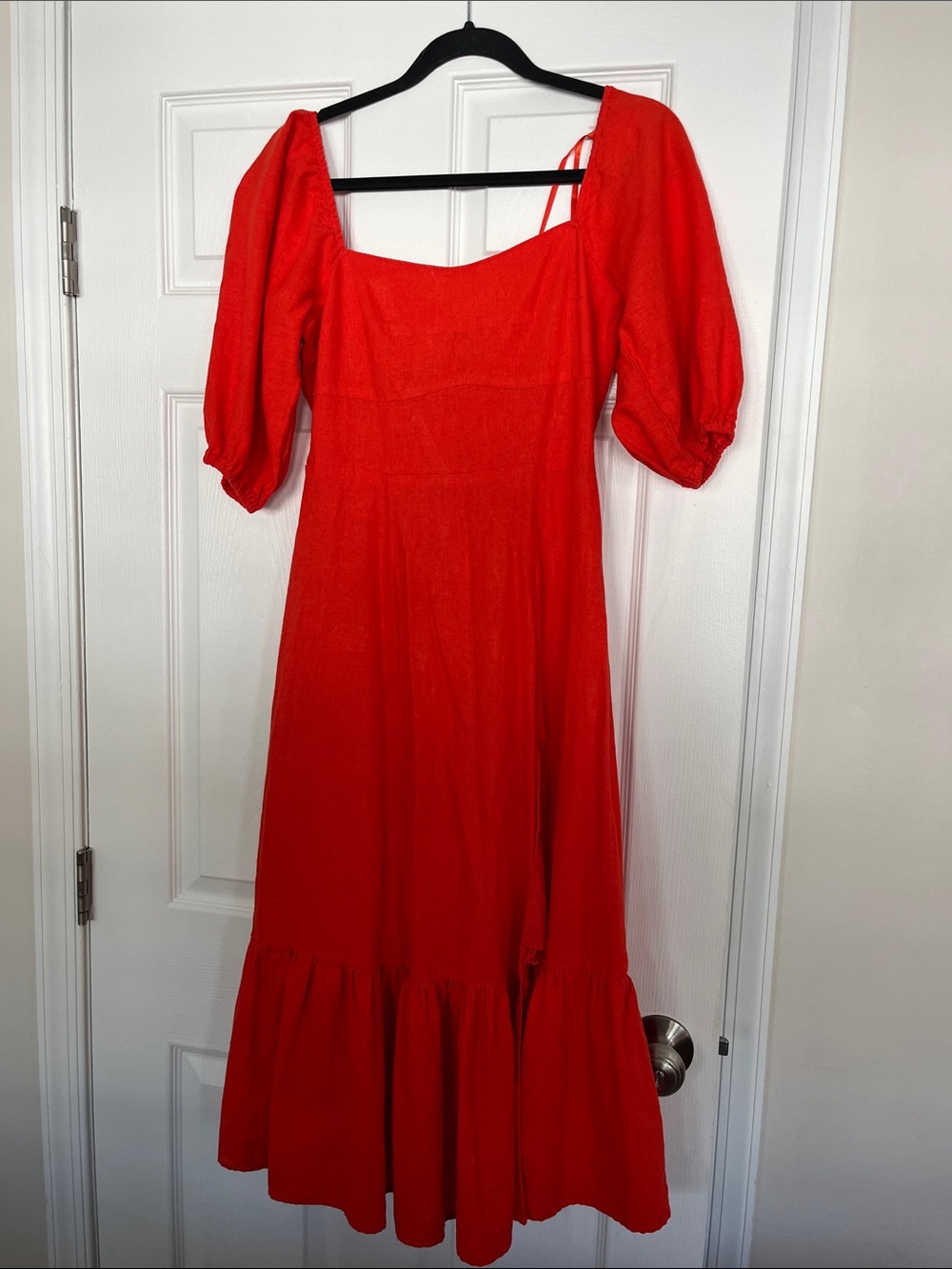 Avec Les Filles Red Puff-Sleeve linen Midi Dress